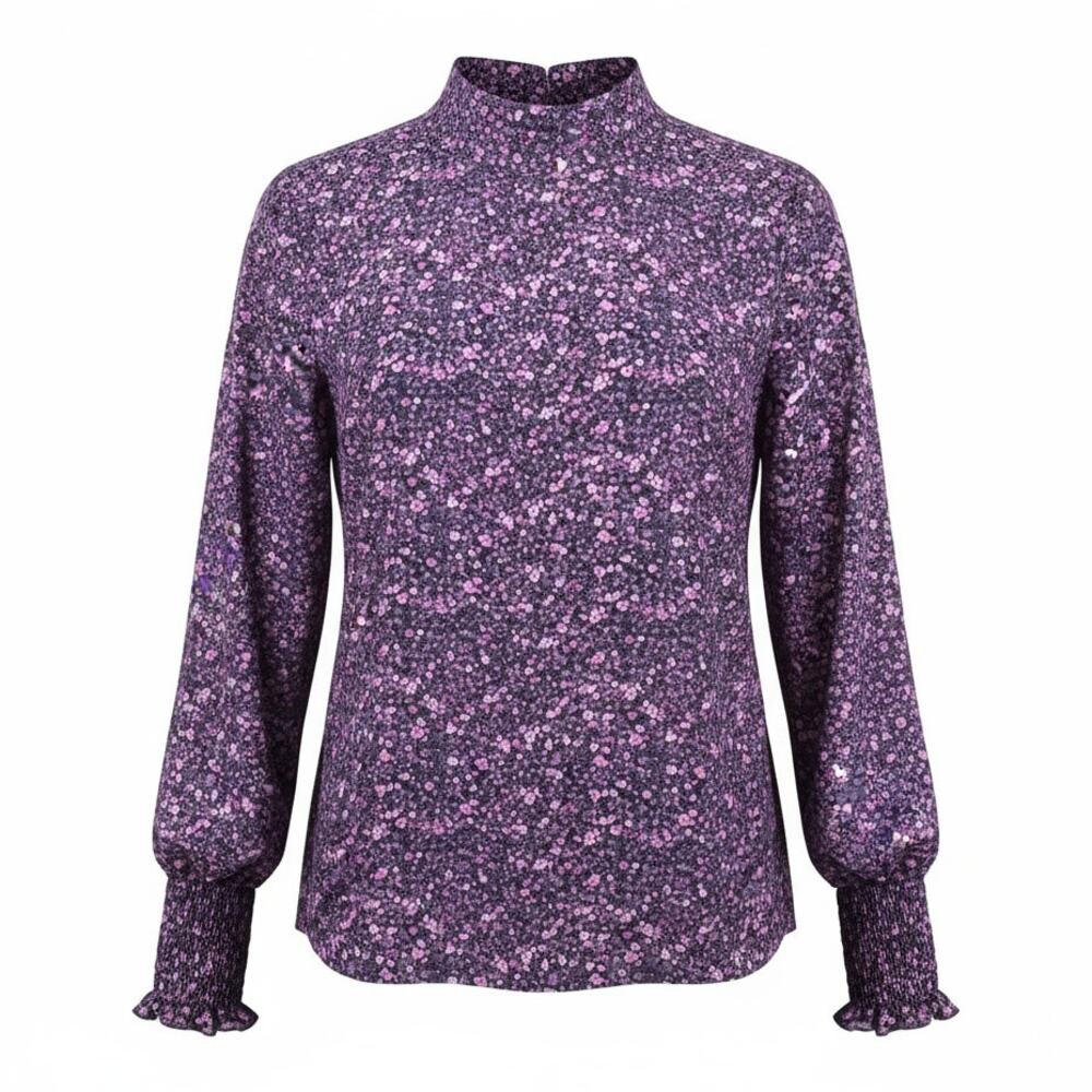 SHEIN Black Long Sleeved Mock Neck Blouse with Pink & Purple Floral Print Medium